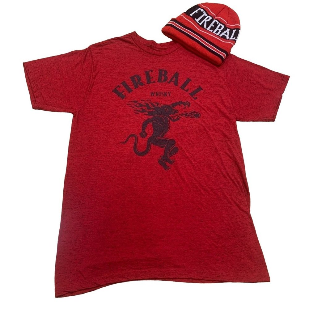 Bundle Fireball Mens  Large Graphic Tee Beanie Hat  Matching Set Fire Ball